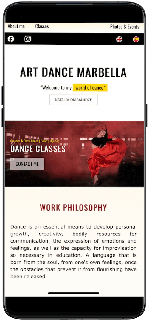 Example website mockup of dance school in Marbella
